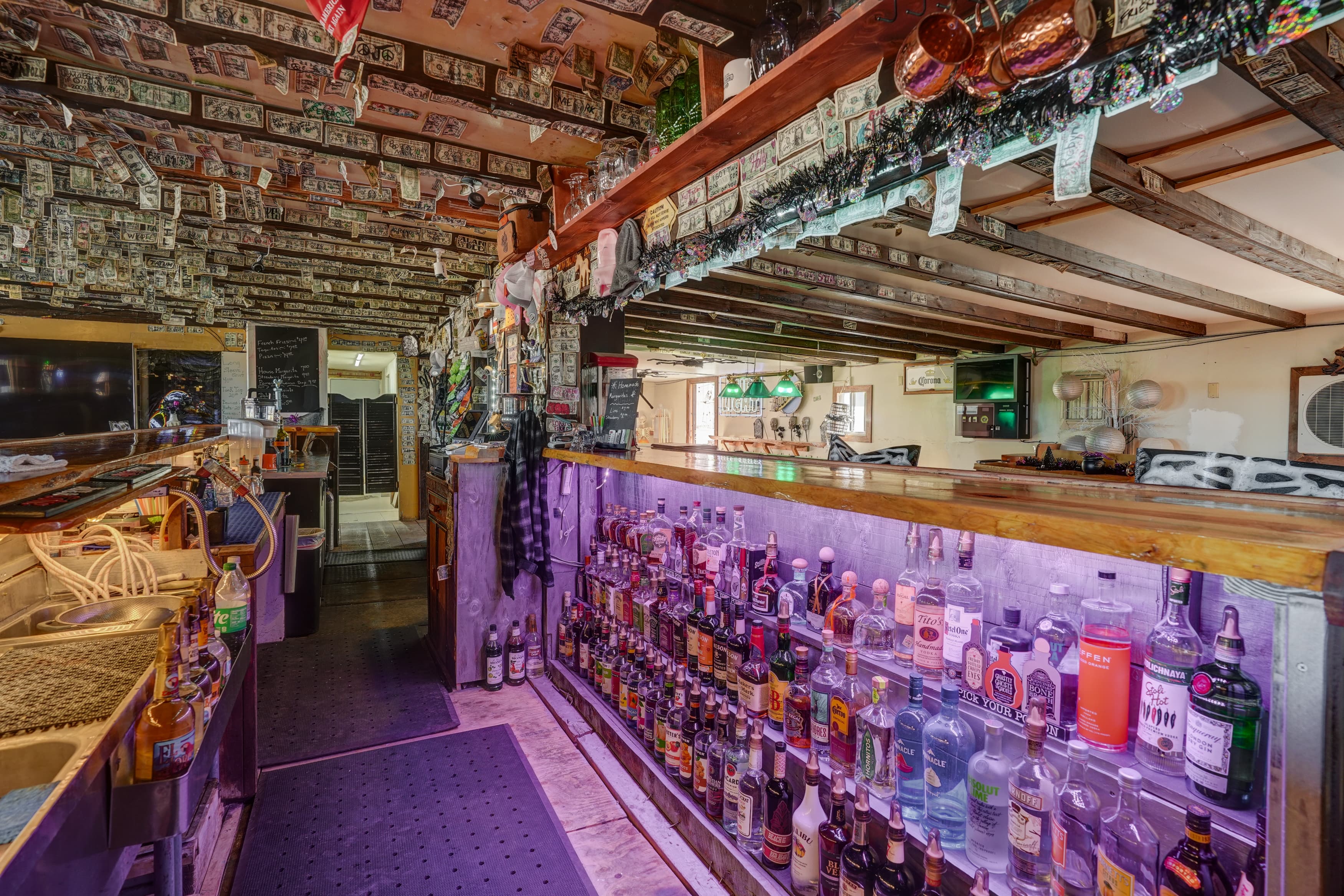 Bar and memorabilia inside the historic Burro Saloon